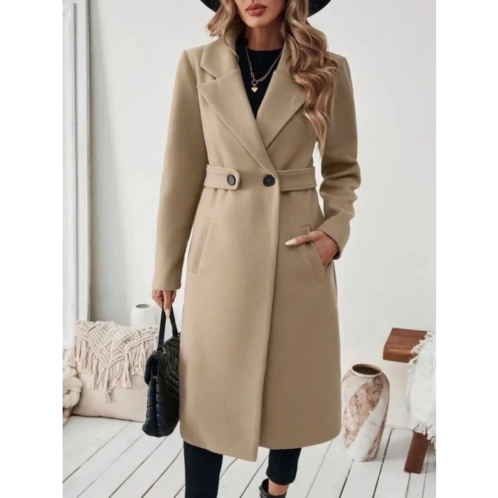 Kadın Uzun Kollu Yakalı Belde şerit Düğme Detaylı Cepli Mini Kaşe Kaban