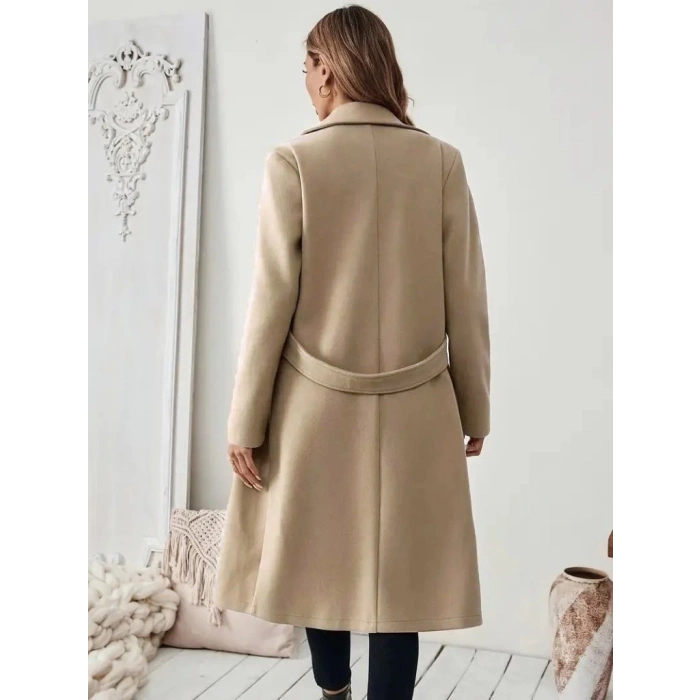 Kadın Uzun Kollu Yakalı Belde şerit Düğme Detaylı Cepli Mini Kaşe Kaban