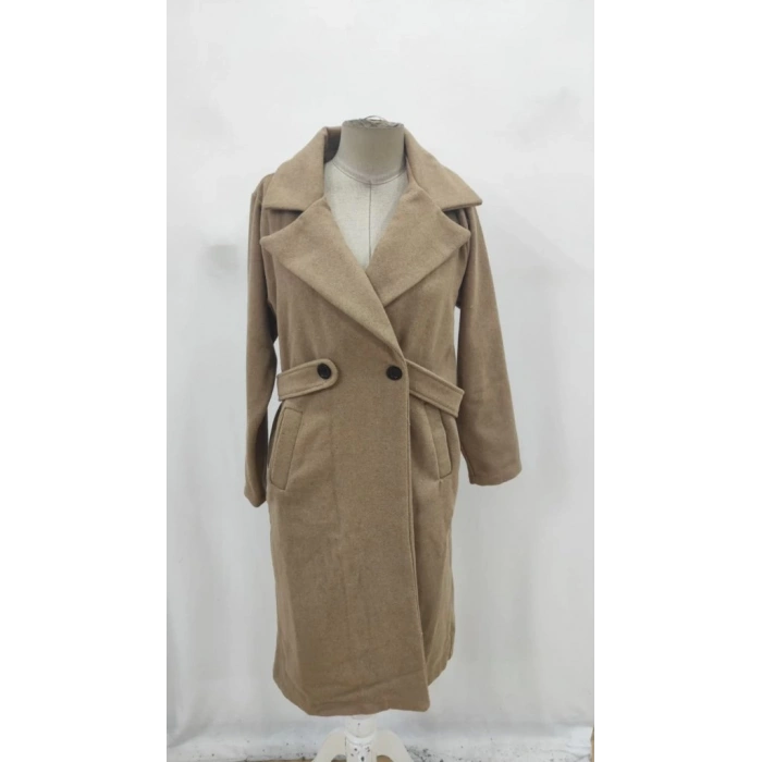 Kadın Uzun Kollu Yakalı Belde şerit Düğme Detaylı Cepli Mini Kaşe Kaban