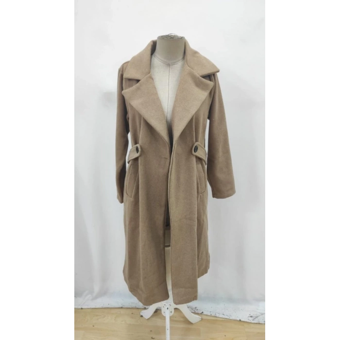 Kadın Uzun Kollu Yakalı Belde şerit Düğme Detaylı Cepli Mini Kaşe Kaban