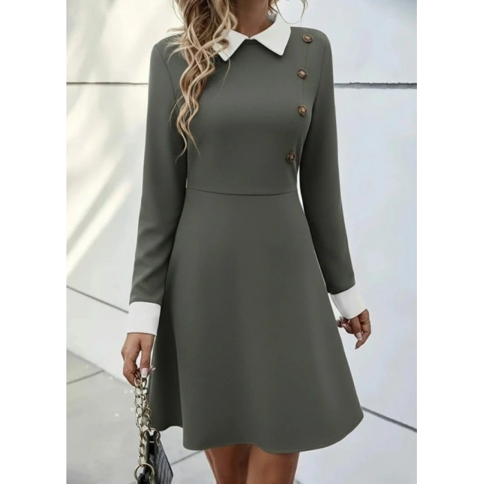 Kadın Uzun Kollu Yakalı Düğmeli çağla Yeşili Modal Mini Elbise