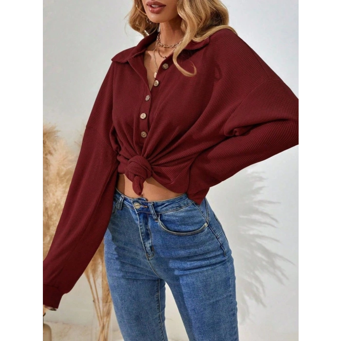 Kadın Uzun Kollu Yakalı Düğmeli Salaş Waffle Bluz