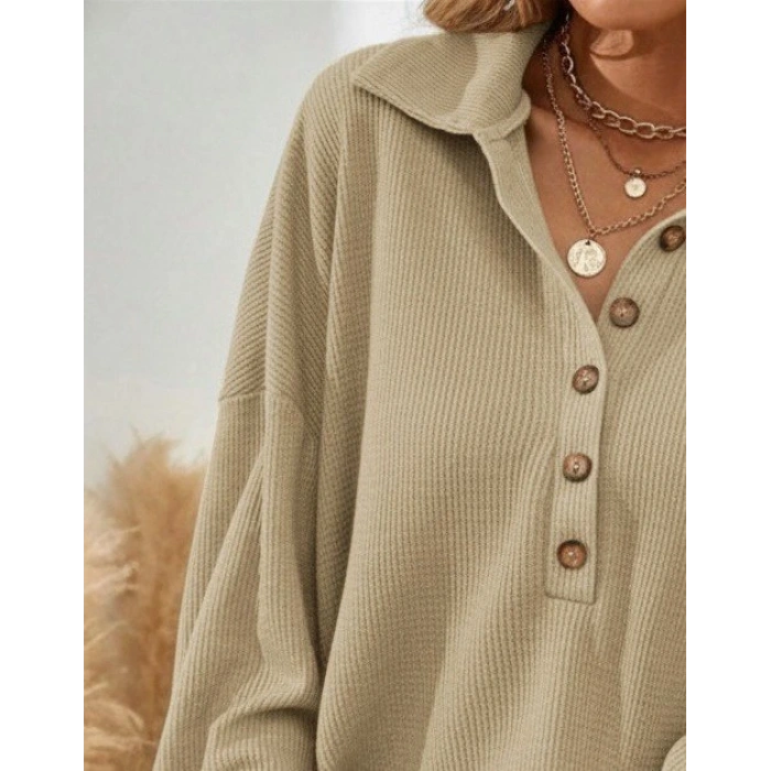 Kadın Uzun Kollu Yakalı Düğmeli Salaş Waffle Bluz