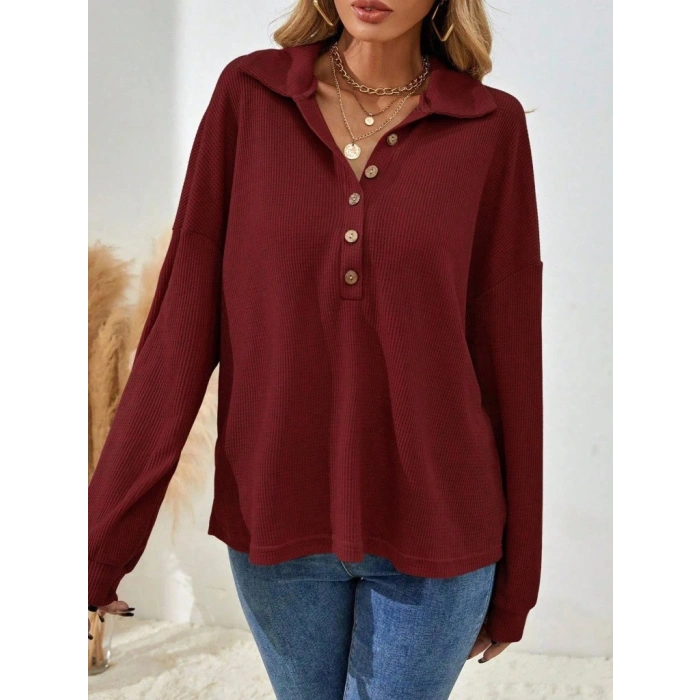 Kadın Uzun Kollu Yakalı Düğmeli Salaş Waffle Bluz