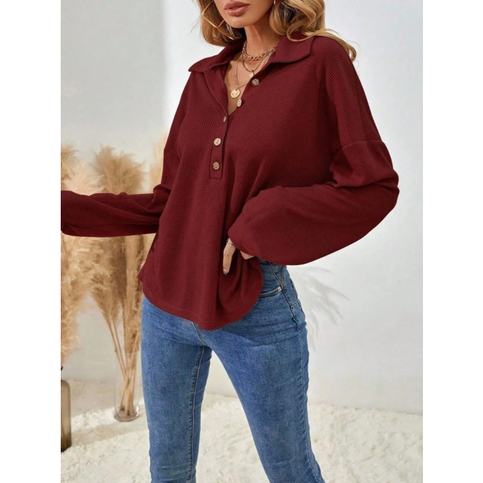 Kadın Uzun Kollu Yakalı Düğmeli Salaş Waffle Bluz