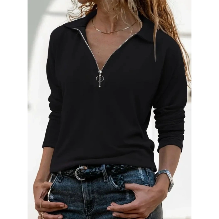 Kadın Uzun Kollu Yakalı Fermuarlı Iki Iplik Bluz