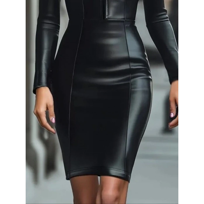 Kadın Uzun Kollu Yakalı Fermuarlı Mini Deri Elbise