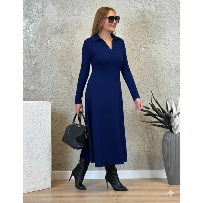 Kadın Uzun Kollu Yakalı Midi Viskon Iki Iplik Elbise