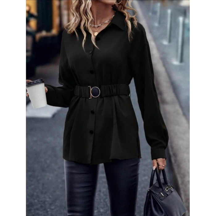 Kadın Uzun Kollu Yakalı önden Düğmeli Belden Kemerli Ithal Krep Bluz