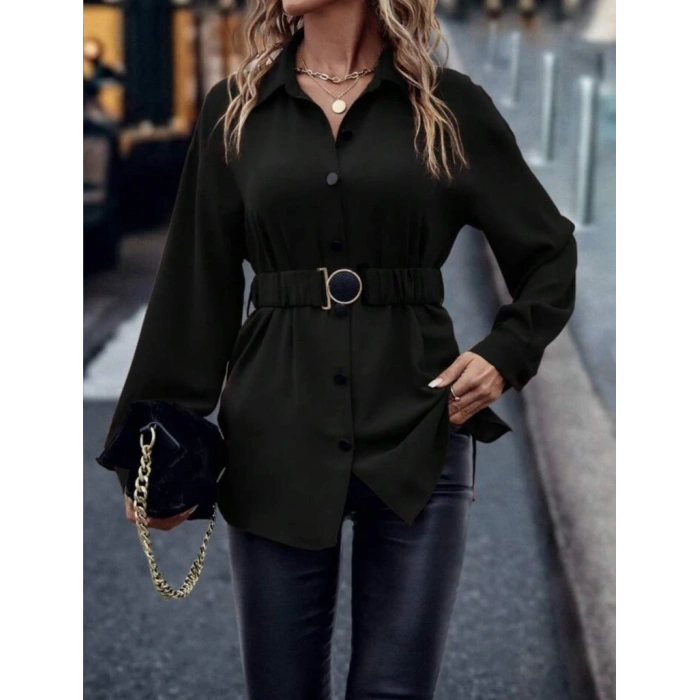 Kadın Uzun Kollu Yakalı önden Düğmeli Belden Kemerli Ithal Krep Bluz