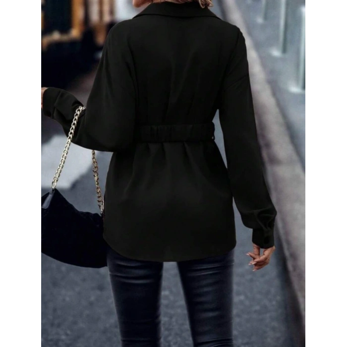 Kadın Uzun Kollu Yakalı önden Düğmeli Belden Kemerli Ithal Krep Bluz