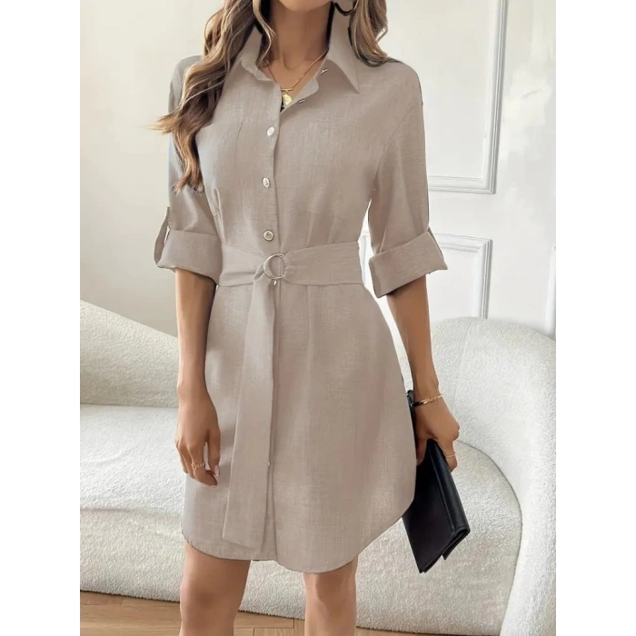 Kadın Uzun Kollu Yakalı önden Düğmeli Beli Kuşaklı Mini Ithal Keten Elbise