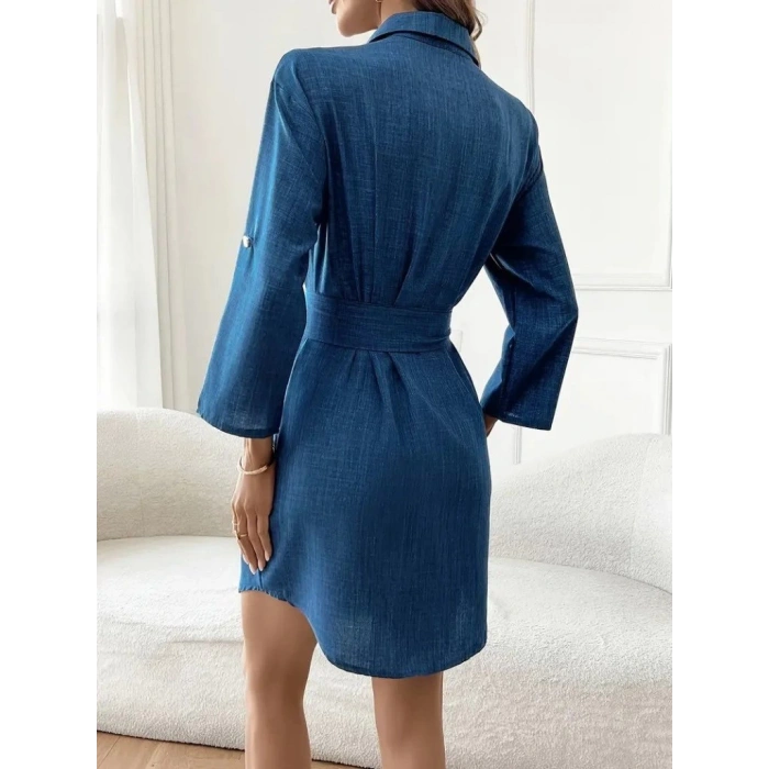Kadın Uzun Kollu Yakalı önden Düğmeli Beli Kuşaklı Mini Ithal Keten Elbise