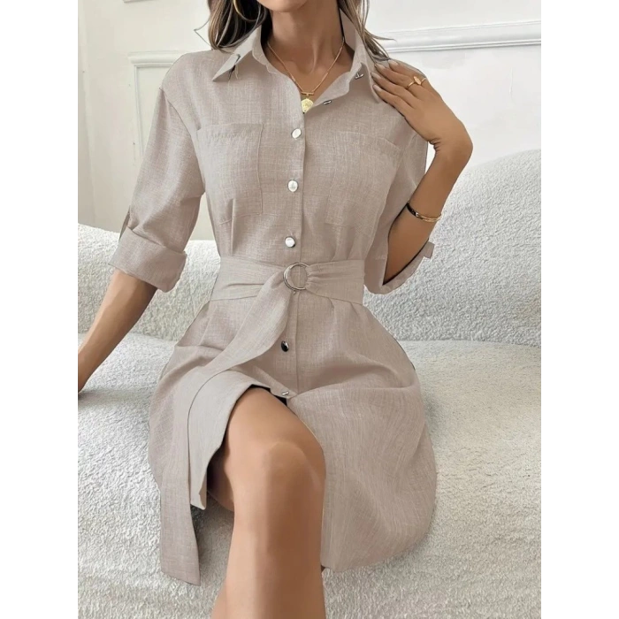 Kadın Uzun Kollu Yakalı önden Düğmeli Beli Kuşaklı Mini Ithal Keten Elbise