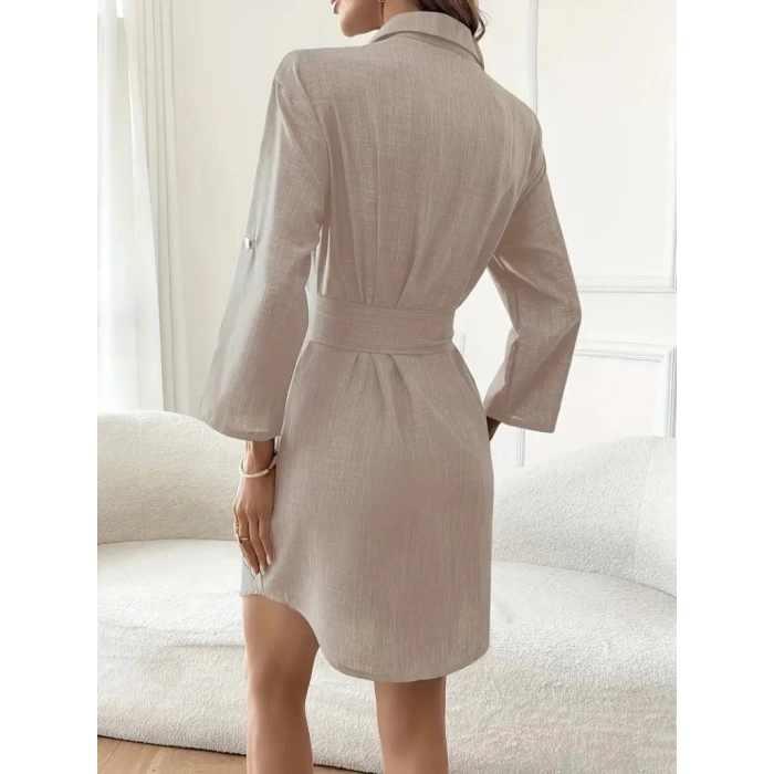 Kadın Uzun Kollu Yakalı önden Düğmeli Beli Kuşaklı Mini Ithal Keten Elbise