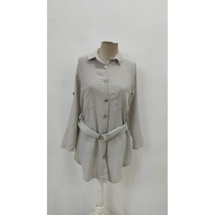 Kadın Uzun Kollu Yakalı önden Düğmeli Beli Kuşaklı Mini Ithal Keten Elbise