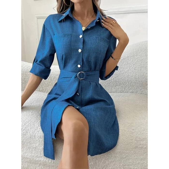 Kadın Uzun Kollu Yakalı önden Düğmeli Beli Kuşaklı Mini Ithal Keten Elbise