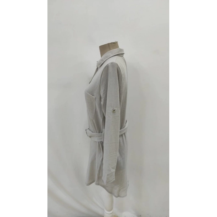 Kadın Uzun Kollu Yakalı önden Düğmeli Beli Kuşaklı Mini Ithal Keten Elbise