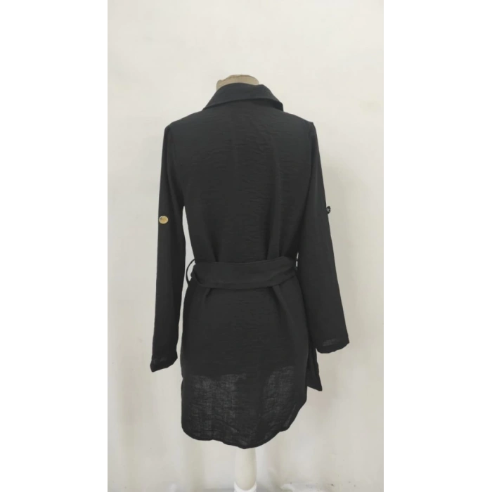 Kadın Uzun Kollu Yakalı önden Düğmeli Beli Kuşaklı Mini Ithal Keten Elbise