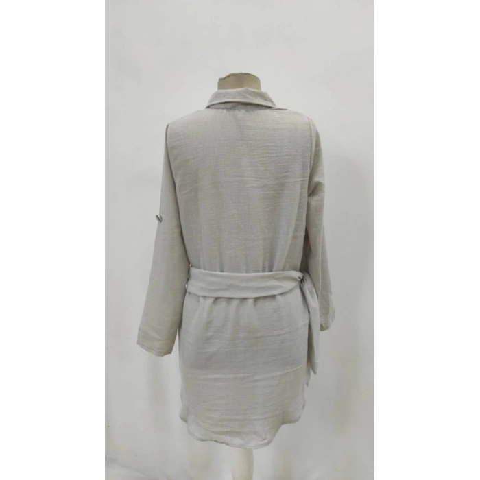 Kadın Uzun Kollu Yakalı önden Düğmeli Beli Kuşaklı Mini Ithal Keten Elbise