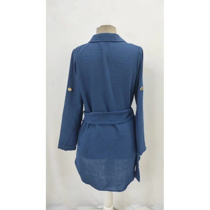 Kadın Uzun Kollu Yakalı önden Düğmeli Beli Kuşaklı Mini Ithal Keten Elbise