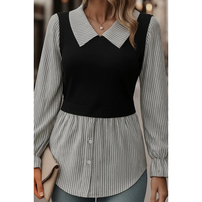 Kadın Uzun Kollu Yakalı önden Düğmeli Ottoman Bluz