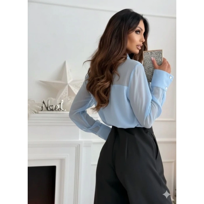 Kadın Uzun Kollu Yakalı önden Düğmeli Tül Detaylı Dokuma Viskon Bluz