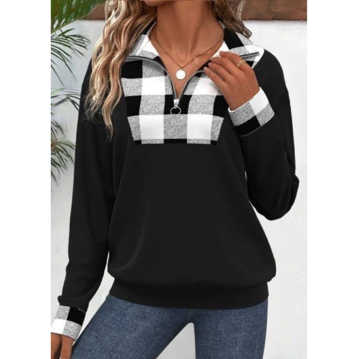 Kadın Uzun Kollu Yakalı önden Fermuarlı Ekose Detaylı Viskon Iki Iplik Bluz