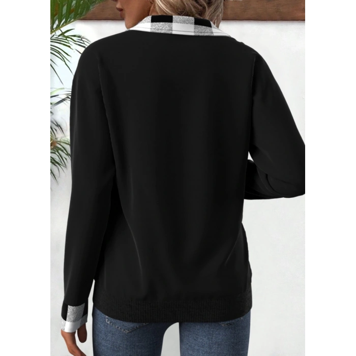 Kadın Uzun Kollu Yakalı önden Fermuarlı Ekose Detaylı Viskon Iki Iplik Bluz