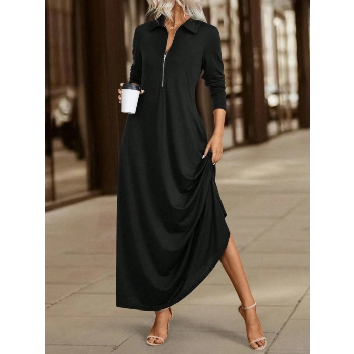 Kadın Uzun Kollu Yakalı önden Fermuarlı Uzun Viskon Iki Iplik Elbise