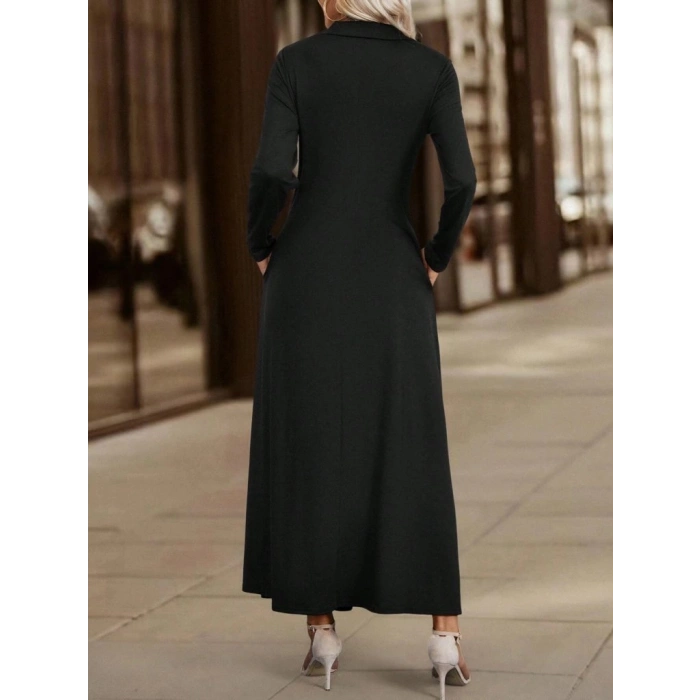 Kadın Uzun Kollu Yakalı önden Fermuarlı Uzun Viskon Iki Iplik Elbise