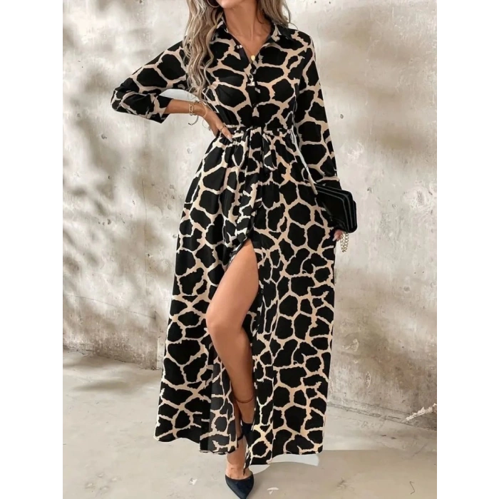 Kadın Uzun Kollu Yakalı önü Düğmeli Desenli Belden Kuşaklı Uzun Süprem Elbise