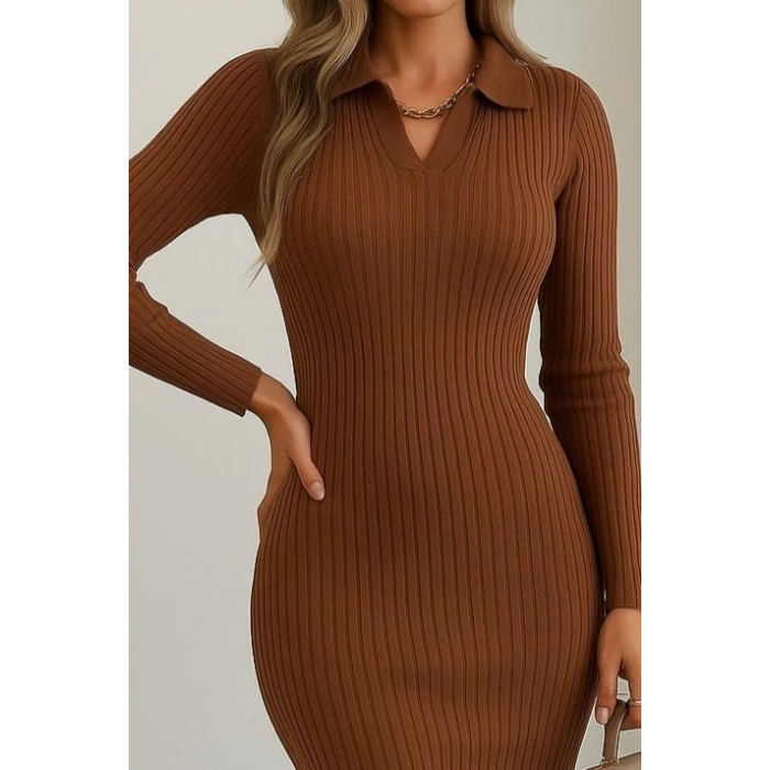 Kadın Uzun Kollu Yakalı Triko Elbise