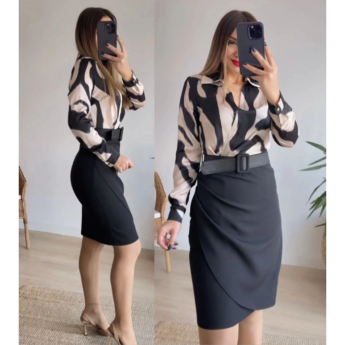 Kadın Uzun Kollu Yakalı üst Dalgıç Eteği Krep Kemerli Elbise