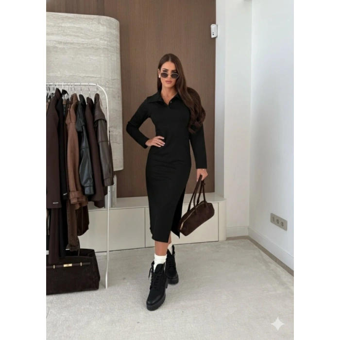 Kadın Uzun Kollu Yakalı Yandan Yırtmaçlı Midi Modal Elbise