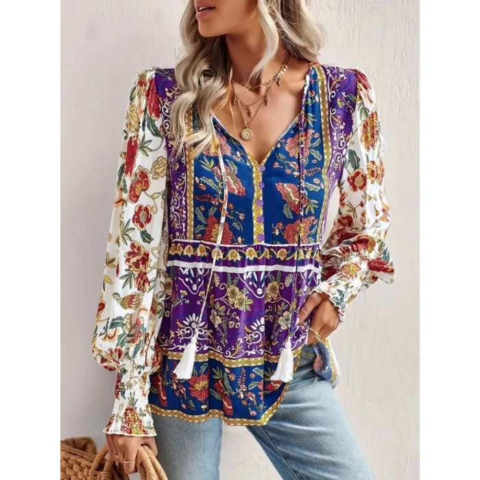Kadın Uzun Kollu Yakası Açık Bağcıklı çiçek Desenli Salaş Bluz