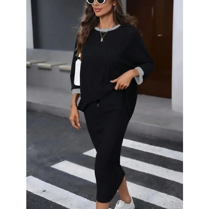 Kadın Uzun Kollu Yakası Açık şardonlu Kaşkorse Bluz Ve Eteği Bağcıklı Ikili Takım