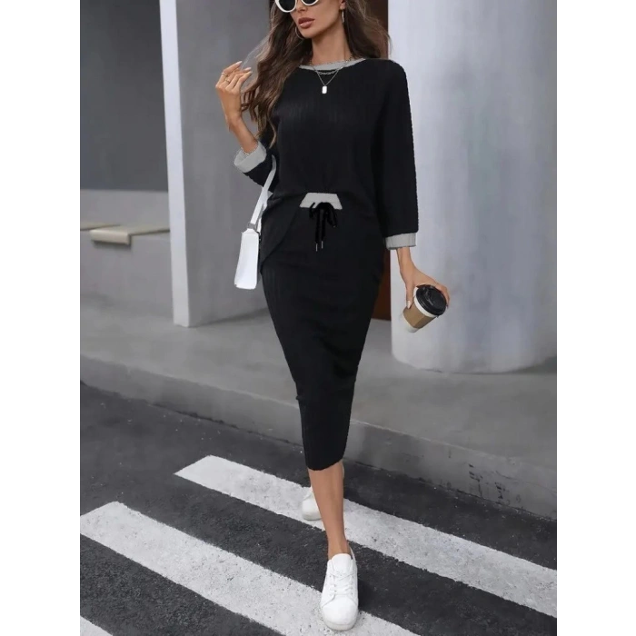 Kadın Uzun Kollu Yakası Açık şardonlu Kaşkorse Bluz Ve Eteği Bağcıklı Ikili Takım