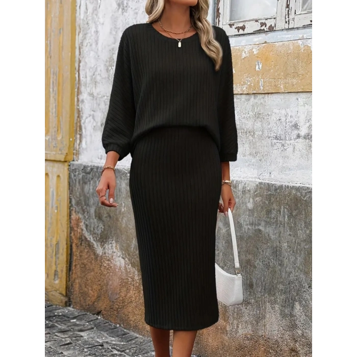 Kadın Uzun Kollu Yakası Açık Yarasa Kollu şardonlu Kaşkorse Bluz Ve Etek Takım