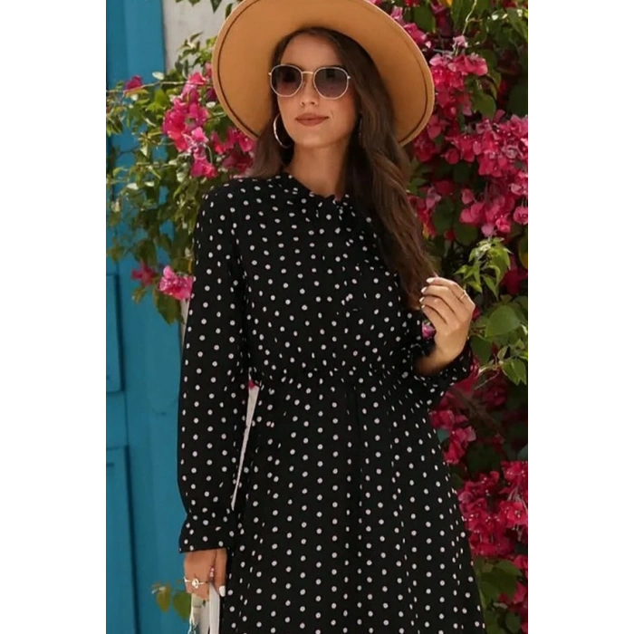 Kadın Uzun Kollu Yakası Bağcıklı Uzun Puantiyeli Krep Maxi Elbise