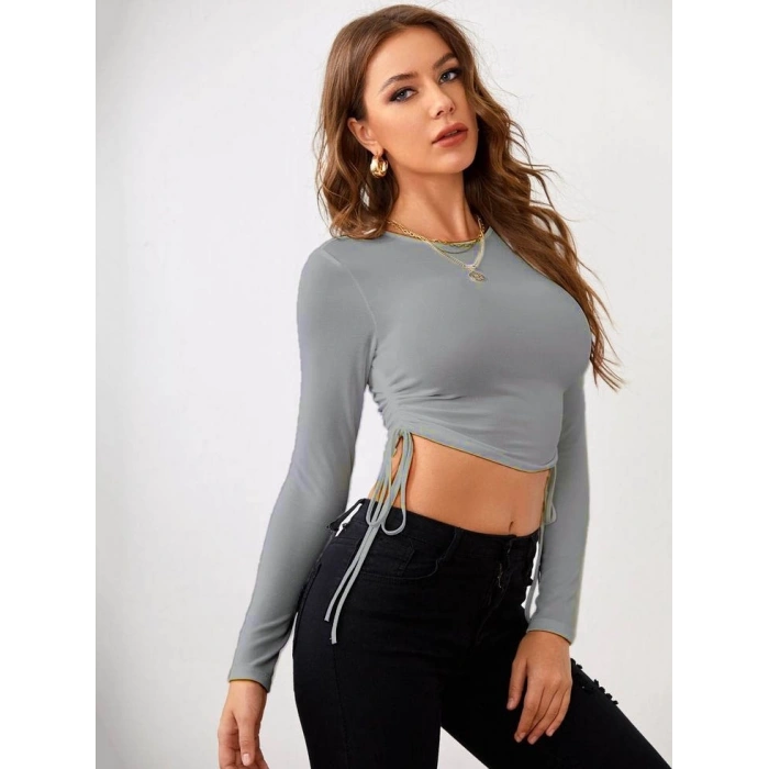 Kadın Uzun Kollu Yanlar Büzgü Detay Kaşkorse Crop