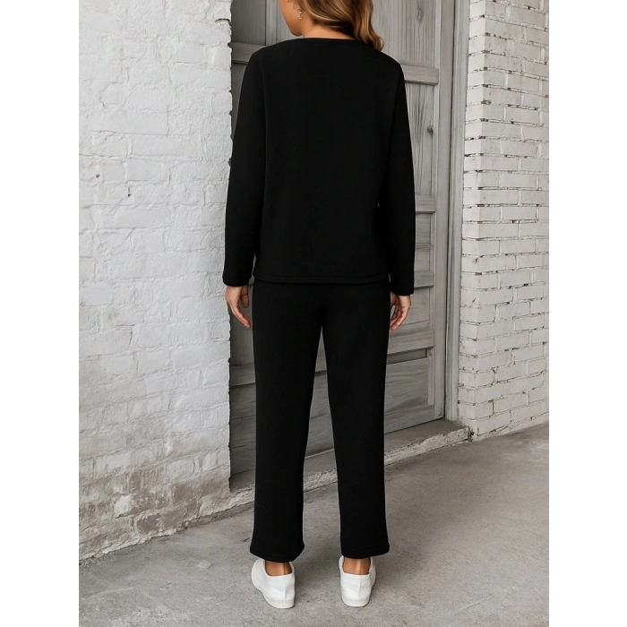Kadın Uzun Kollu Yanları Nervurlu Viskon Iki Iplik Ve Pantolon Ikili Takım