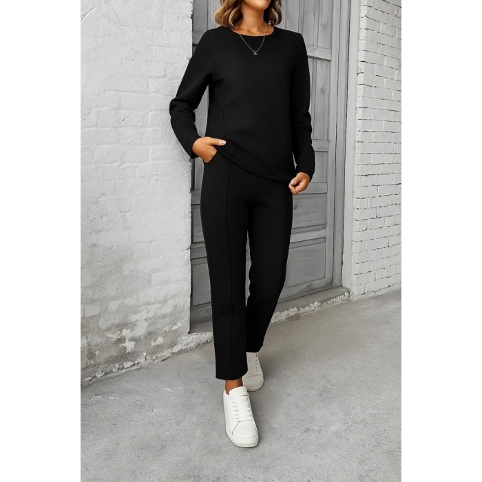 Kadın Uzun Kollu Yanları Nervurlu Viskon Iki Iplik Ve Pantolon Ikili Takım