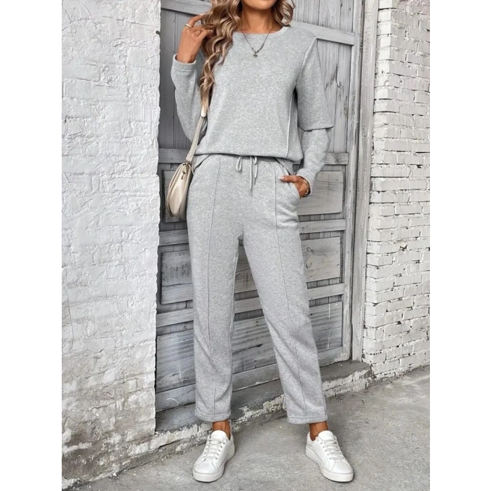 Kadın Uzun Kollu Yanları Nervurlu Viskon Iki Iplik Ve Pantolon Ikili Takım