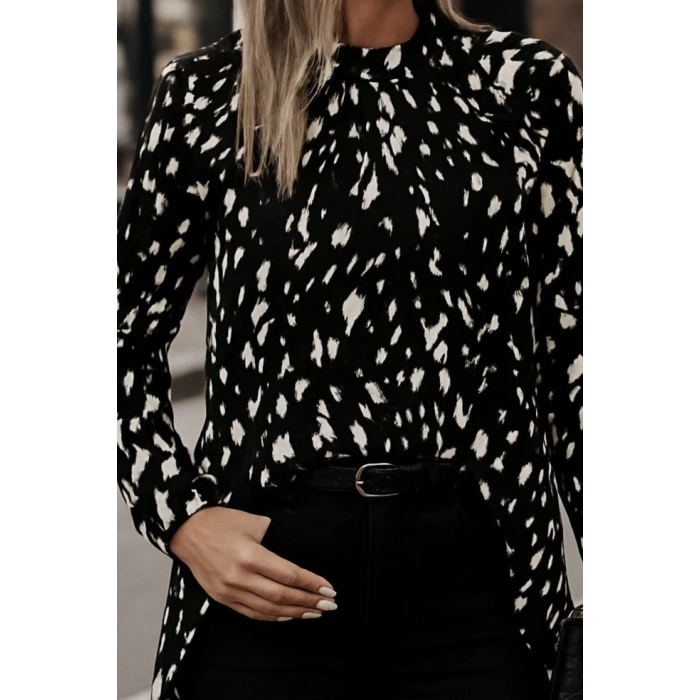 Kadın Uzun Kollu Yarı Balıkçı Yaka Desenli Dokuma Bluz