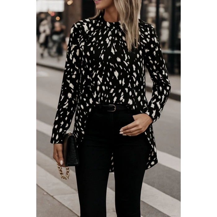 Kadın Uzun Kollu Yarı Balıkçı Yaka Desenli Dokuma Bluz