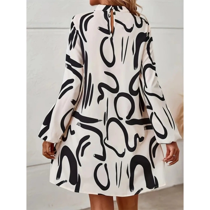 Kadın Uzun Kollu Yarı Balıkçı Yaka Desenli Kısa Dalgıç Elbise