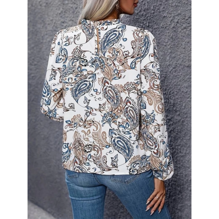 Kadın Uzun Kollu Yarı Balıkçı Yaka Desenli Süprem Bluz