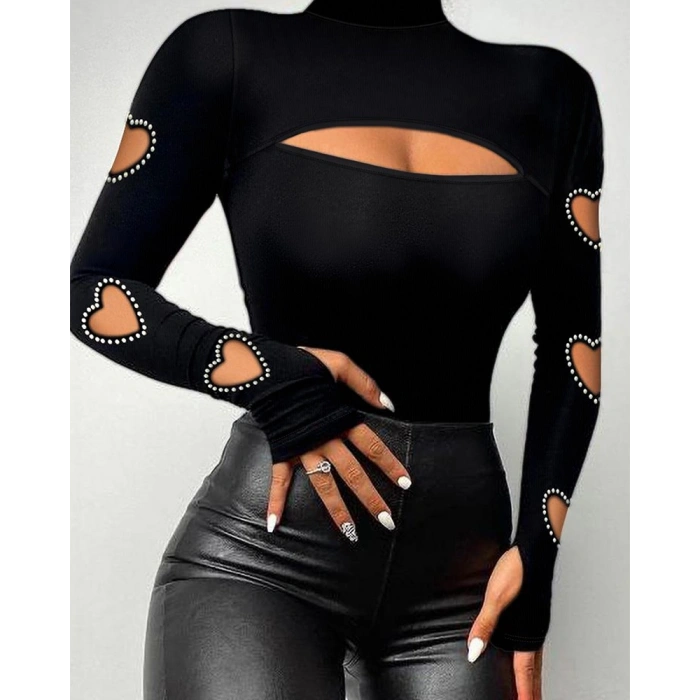 Kadın Uzun Kollu Yarı Balıkçı Yaka Pencere Detaylı Kolları Kalp Desen Taşlı Viskon Bluz