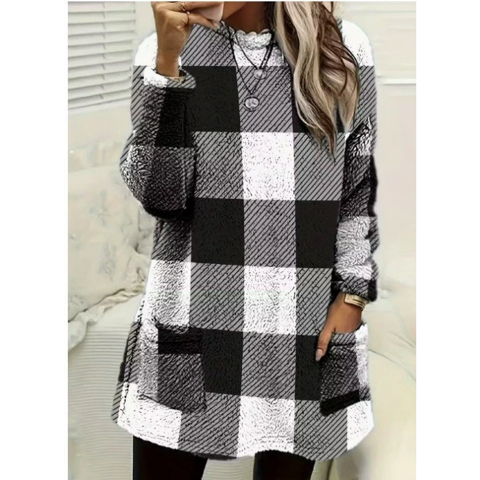 Kadın Uzun Kollu Yarı Balıkçı Yakalı Cep Detaylı Ekoseli Dokuma Tunik